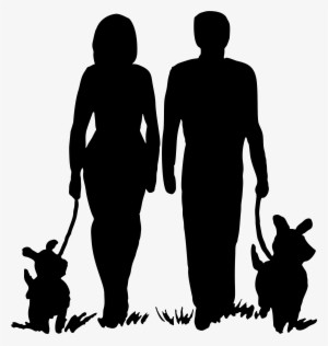 Couple Walking Their Dogs Silhouette Clip Art Black - Couple Walking Dog Silhouette