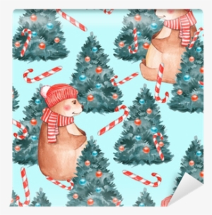 Watercolor Seamless Pattern With Teddy Bear And Fir - Christmas Day
