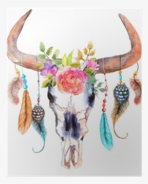 Watercolor Bull Skull With Flowers And Feathers Poster - Boho Cow Skull