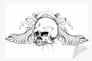 Vintage Emblem With Skull, Floral And Ribbon Wall Mural - Skull