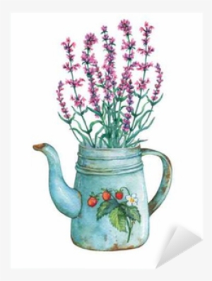 Vintage Blue Metal Teapot With Strawberries Pattern - Vintage Lavender Flowers