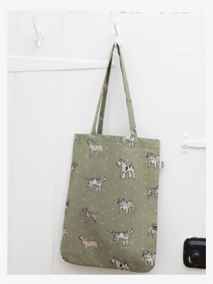 Hover To Zoom - Mutts And Hounds Dog Print Green Linen Tote Bag