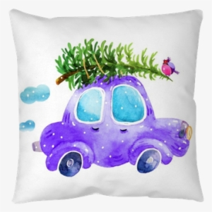 Watercolor Winter Retro Car With Christmas Tree And - Christmas Tree On Car Drawing