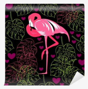 Seamless Pattern Of Flamingo, Leaves Monstera, Tropical - Leaf