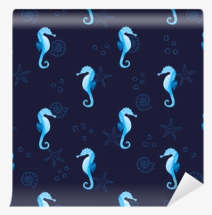 Watercolor Blue Seamless Pattern With Sea Horses And
