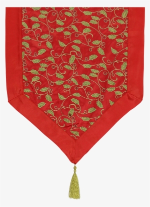 Red Table Runner With Green Holly Leaf Design & Gold - Code