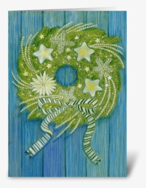Holiday Wreath On Blue Wall Greeting Card - Christmas Star Wreath From Our Home To Yours Card