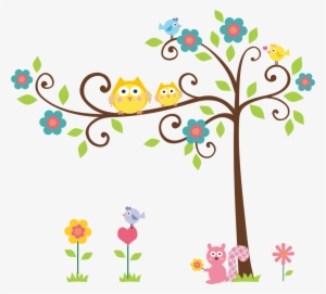 Árvore Com Corujas, Passarinhos E Um Esquilo Rosa - Arvore Coruja Png