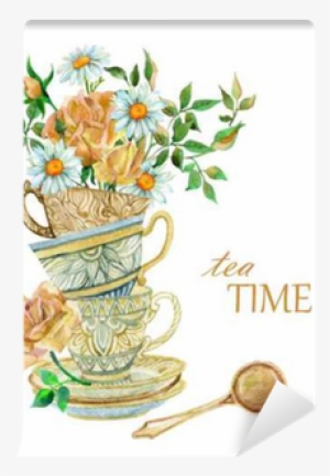 Watercolor Tea Cups Background With Spoon And Flowers - Water Color Floral Tea