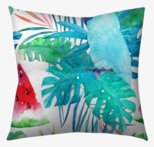 Summer Pattern With Watercolor Parrot, Palm Leaves - Watercolor Painting