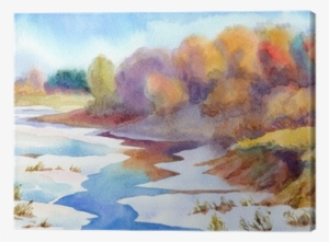 Thaw The River In Valley Near Forest Canvas Print • - Akwarela Krajobraz