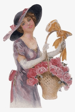 Woman Holding Flower Basket Vintage Png - Vintage Lady Png