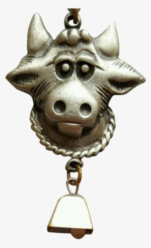 Vintage Pewter Cow Necklace With Bell - Boar