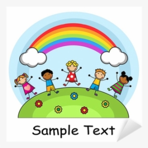 Cartoon Kids Jumping On The Background Of Sky And Rainbow - Children Playing Clipart