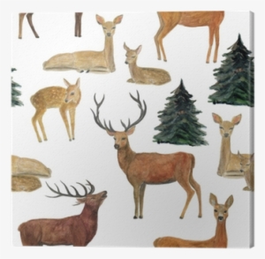 Watercolor Painting Seamless Pattern With Deers Canvas - Watercolor Painting