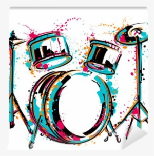 Drum Kit With Splashes In Watercolor Style - Colorful Drums