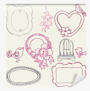 Sweet Doodle Frames With Birds And Flower Elements - Stock Illustration