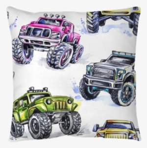 Watercolor Seamless Pattern Cartoon Monster Trucks - Monster Trucks Background