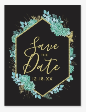 Aqua Teal Watercolor Succulents Gold Foil Frame & Black - Wedding Invitation