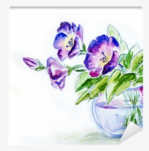 Spring Flowers In Vase, Watercolor Illustration Wall - Obraz Niebieski Kwiat 33 X 24 Cm