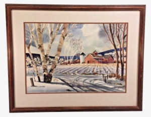 John E Detore Watercolor Of Farm Scene In Snow Bare