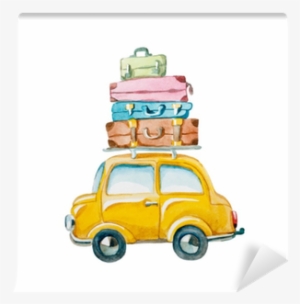 Hand Drawn Yellow Car With Suitcase On The Roof - Watercolor Suitcase Clipart