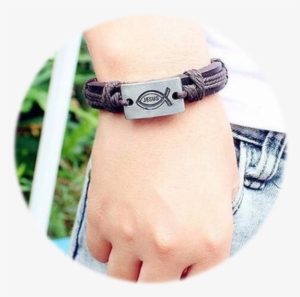 Leather Jesus Fish Bracelet Band - Mens And Womens Religious Leather Bracelets
