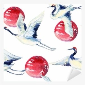 Watercolor Asian Crane Bird Seamless Pattern Sticker - Grue Asiatique