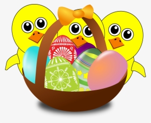 Funny Chicks Cartoon With Easter Eggs In A Basket By - Easter