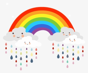 Cartoon Rainbow Cloud Raindrops Elements - Rainbow With Smiling Cloud
