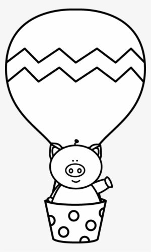 Black And White Pig In A Hot Air Balloon - Black And White Clip Art Hot Air Balloons