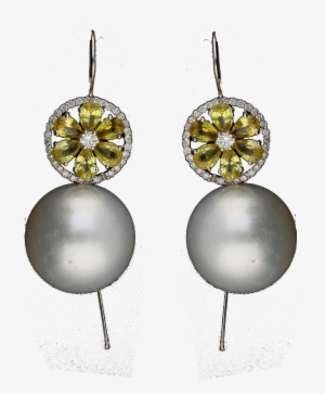 South Sea Pearl Earrings With Diamond & Yellow Sapphire - Sapphire