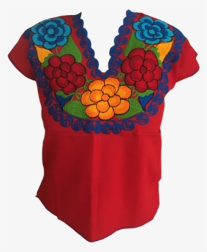 Red Mexican Blouse With Flowers - Blouse