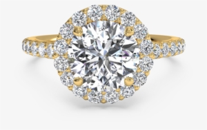 French-set Halo Pave Engagement Ring In 18k Yellow - Round Halo Engagement Ring With Diamond Band