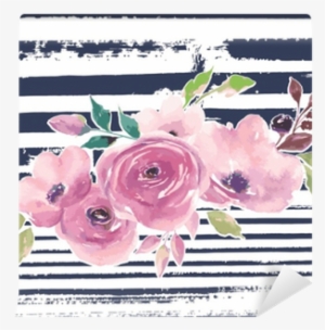 Painted Flowers On Striped Background Wall Mural • - Flower