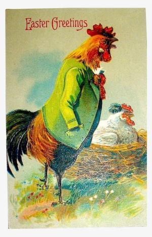 Fantasy Easter Postcard Big Daddy Rooster Guards Nesting - Rooster