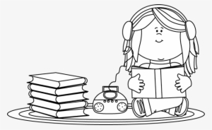 Black And White Girl Listening To A Book On A Cd Player - Listening Clipart Black And White
