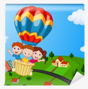 Happy Kids Riding A Hot Air Balloon Wall Mural • Pixers®