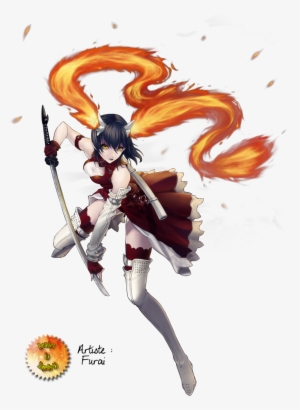 Render Girl Fille Guerriere Epee Sabre Katana Flammes - Render Manga