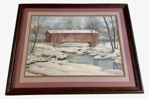 Carl Gilbert Red Covered Bridge In Snowy Landscape - Watercolor Painting