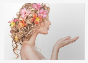 Beauty Girl With Flowers Hairstyle And Open Hands Poster