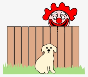 Puppy Sitting In Yard While Scary Clown Peeps Over - Dog