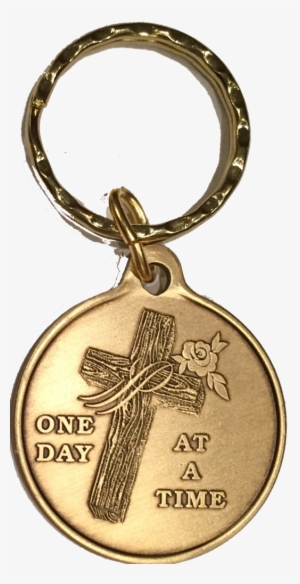 Wood Cross With Rose One Day At A Time Keychain Aa - Wood Cross Rose One Day At A Time Bronze Serenity Prayer