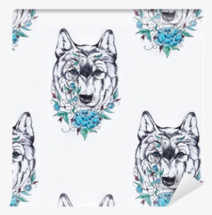 Seamless Pattern Of A Wolf Head With A Flower On A - Fond Blanc Tete De Loup