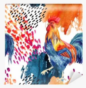 Abstract Watercolor Rooster Seamless Pattern Wall Mural - Watercolor Painting