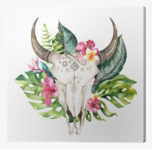 Watercolor Bohemian Cow Skull And Tropic Palm Leaves - Boho Cow Skull And Flowers