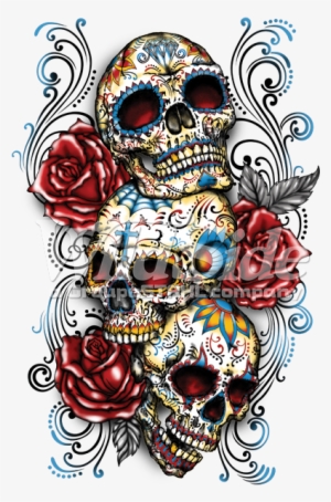 Three Sugar Skulls And Roses - Day Of The Dead 3 Skull