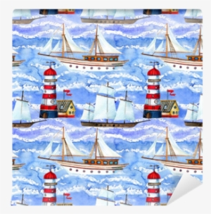 Watercolor Sailing Ships And Lighthouse Seamless Pattern - Sailing Ship