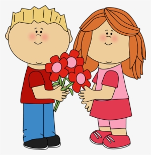 Kids With Valentine's Day Flowers Clip Art - Valentine Kids Clipart
