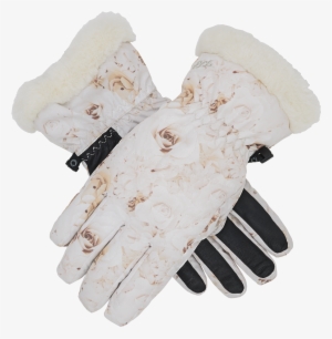 Women's Down With Fur Trim Gloves White Roses